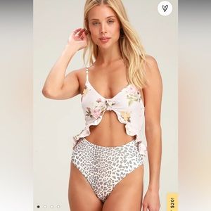 Blush floral and leopard print cutout one piece swimsuit
